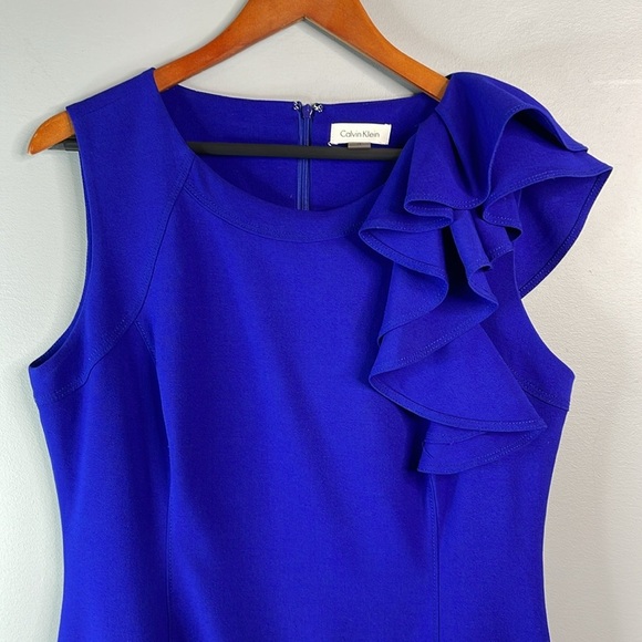 Calvin Klein Shoulder Ruffle Dress Royal Blue Form Fitting Knee Length Midi 12 - Picture 3 of 11